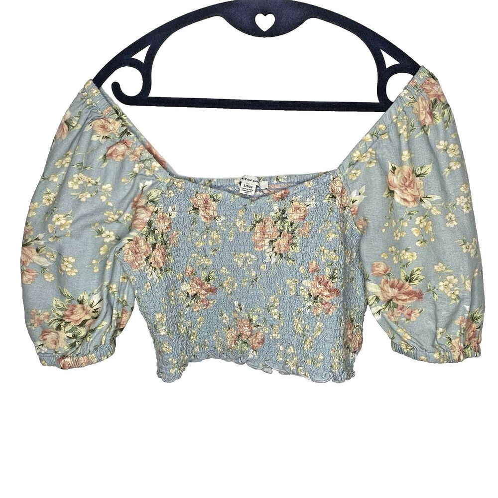 American Eagle Cropped Top Womens S Floral Smocked Puff Sleeve Cottagecore Blue